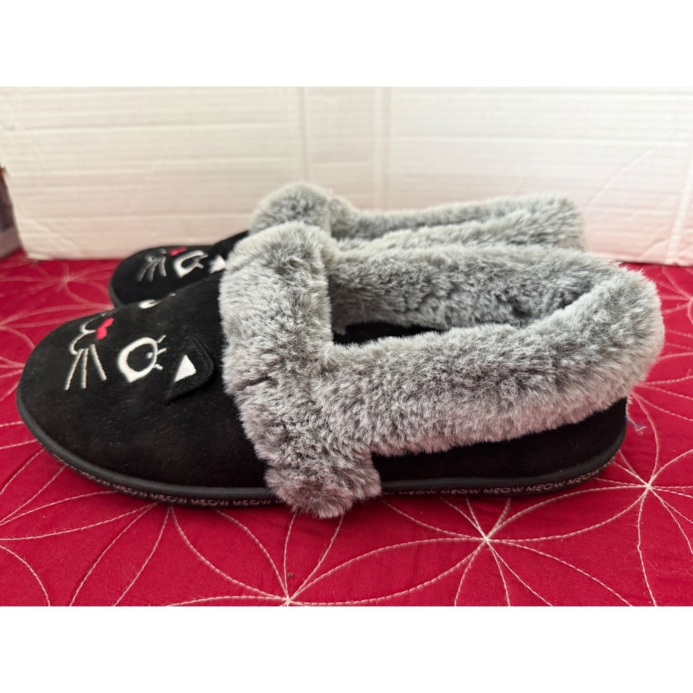 BOBS from Skechers Keep It Meow Black Cat Faux Fur Memory Foam Slippers Women's